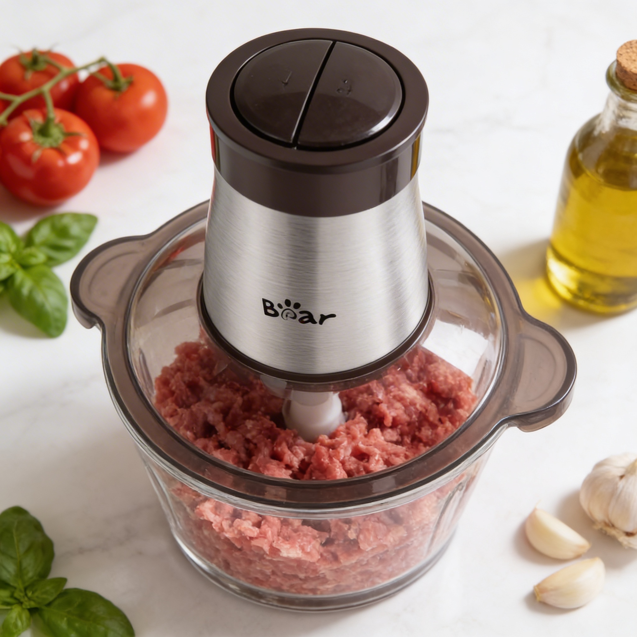 Hachoir Bear en détail avec viande hachée et ingrédients frais