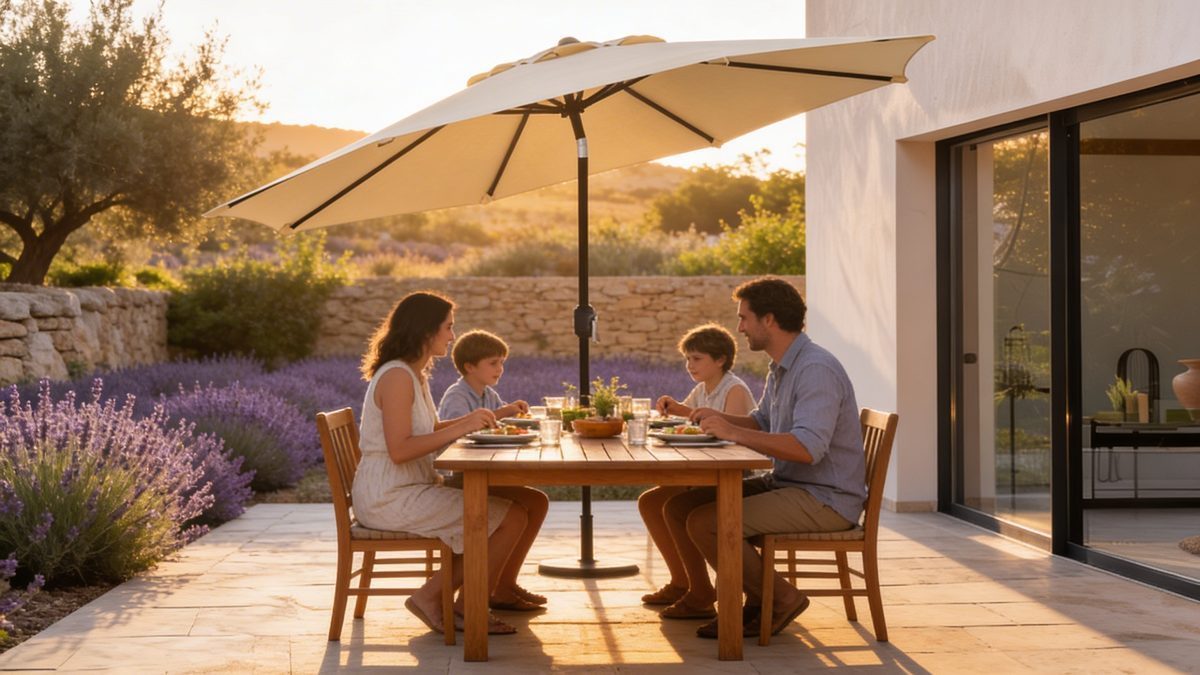Repas en famille sous le parasol
